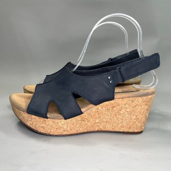 Clarks Sandals Women's Size 8.5 Blue Leather Cork Wedge Platform‎ Adjustable - Picture 4 of 14